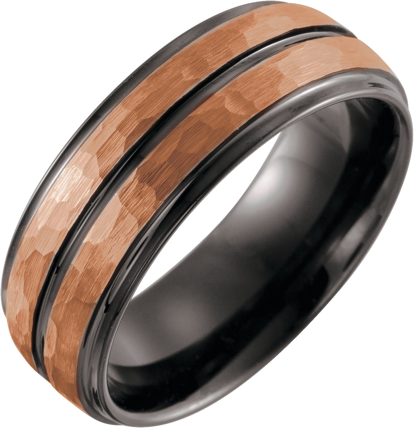 18K Rose Gold PVD & Black PVD Tungsten 8 mm Flat Stepped Edge Grooved Band Size 8.5