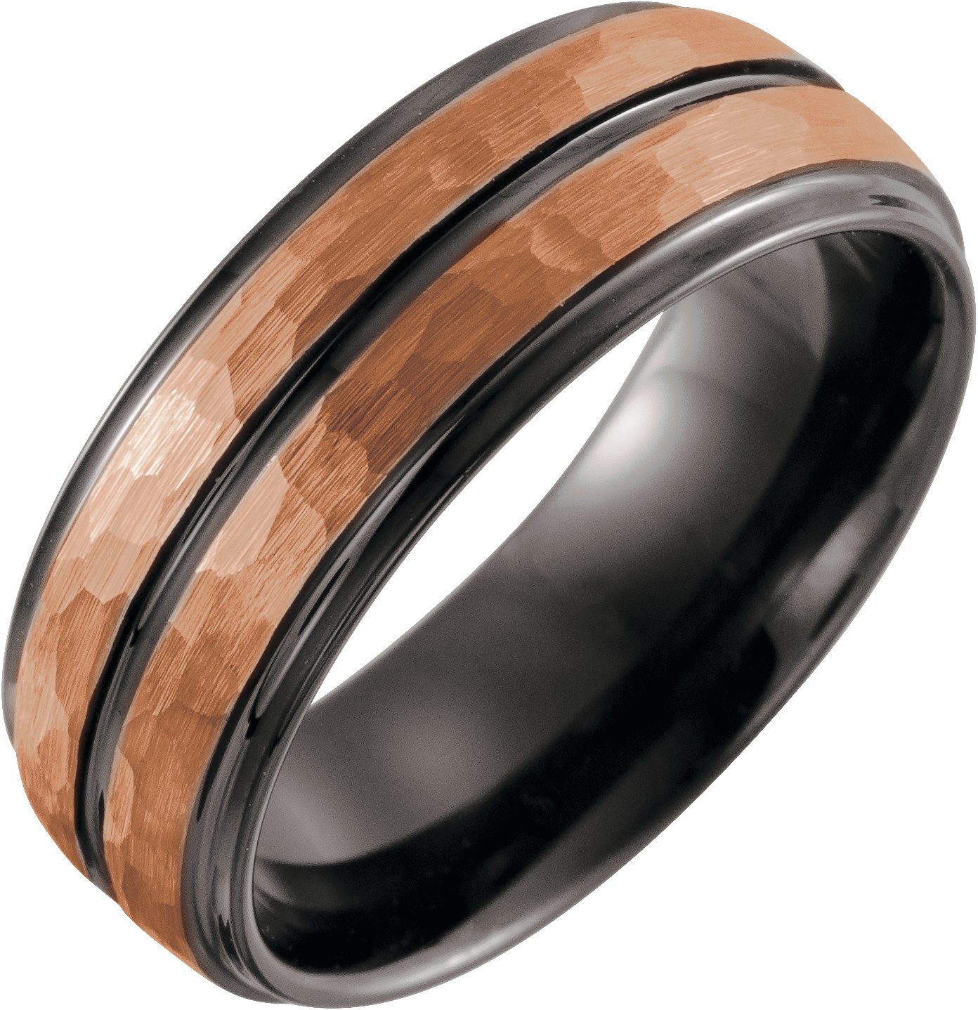 18K Rose Gold PVD & Black PVD Tungsten 8 mm Flat Stepped Edge Grooved Band Size 8