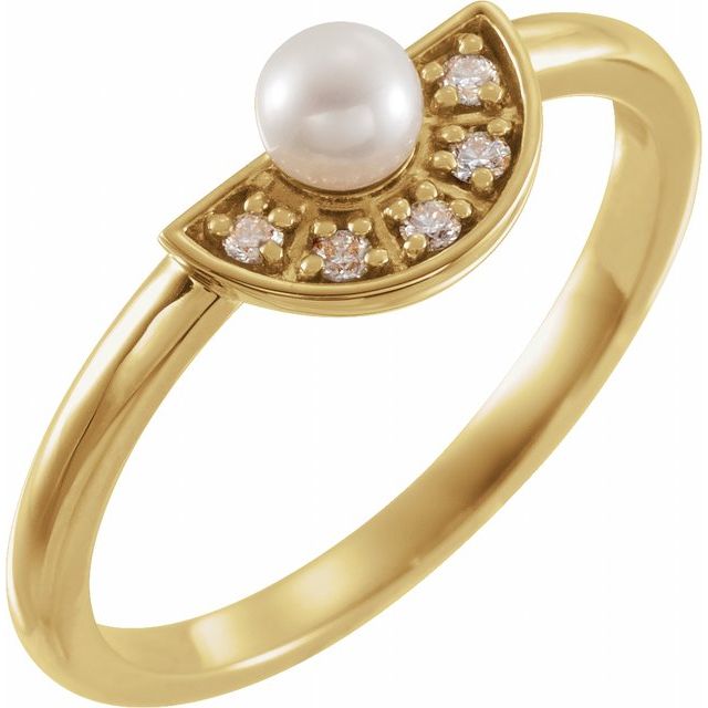 14K Yellow Cultured White Akoya Pearl & .08 CTW Natural Diamond Fan Ring
