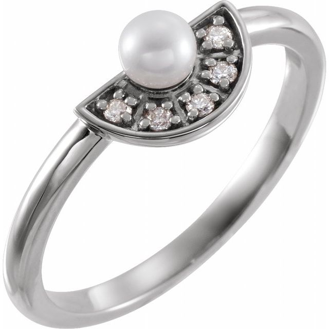 Sterling Silver Cultured White Akoya Pearl & .08 CTW Natural Diamond Fan Ring