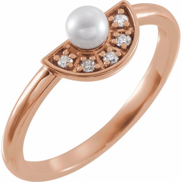 14K Rose Cultured White Akoya Pearl & .08 CTW Natural Diamond Fan Ring