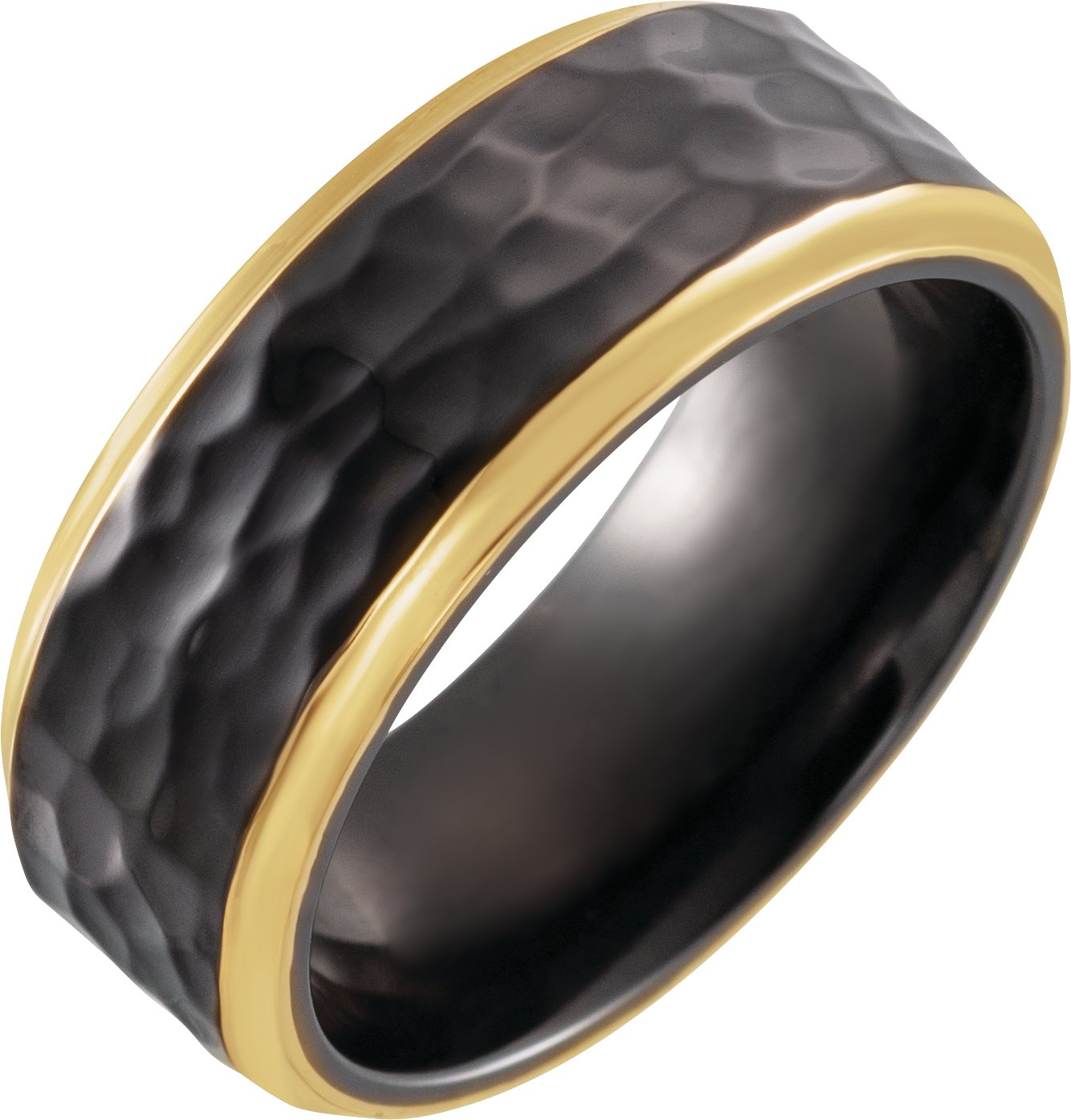 18K Yellow Gold PVD Black Titanium 8 mm Flat Size 10.5 Band with Hammer Finish