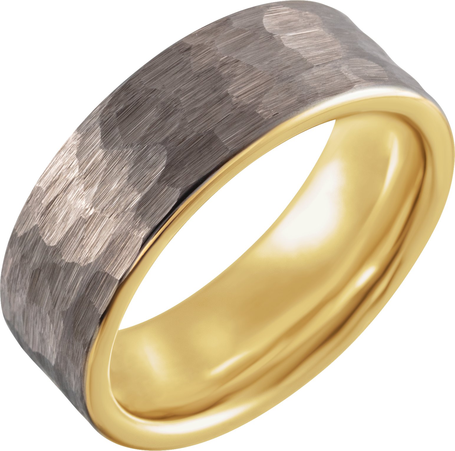 18K Yellow Gold PVD Tungsten 8 mm Flat Hammered Band Size 6