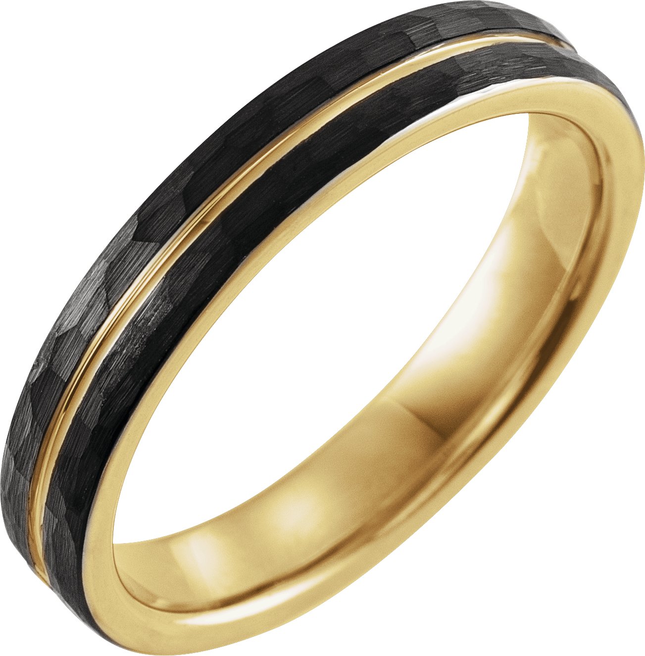 18K Yellow Gold PVD & Black PVD Tungsten 4 mm Flat Grooved Hammered Band Size 8.5