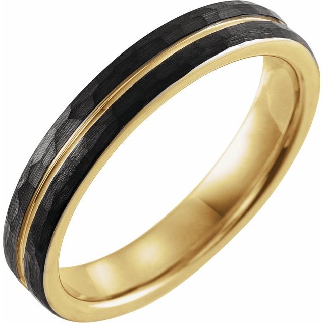 18K Yellow Gold PVD & Black PVD Tungsten 4 mm Size 10 Band With Hammer Finish