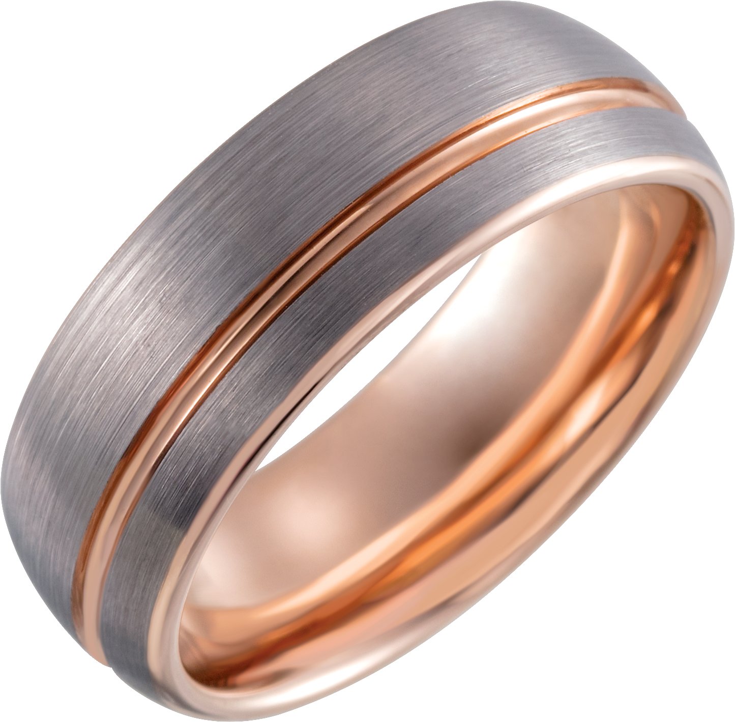 18K Rose Gold PVD Tungsten 8 mm Half Round Grooved Satin Band 9.5