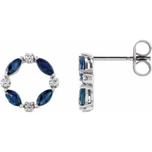 14K White Natural Blue Sapphire & 1/10 CTW Natural Diamond Circle Earrings