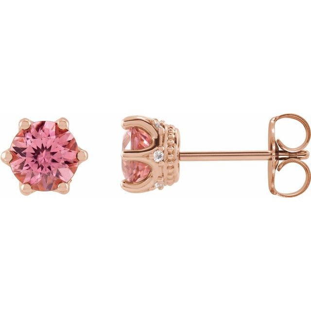 14K Rose 6 mm Natural Pink Tourmaline & .03 CTW Natural Diamond Crown Earrings