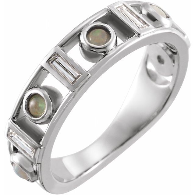 Sterling Silver Natural White Opal & 1/4 CTW Natural Diamond Bezel-Set ring
