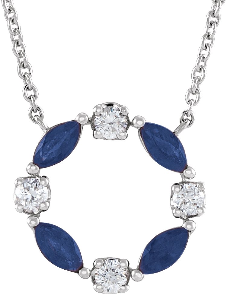 14K White Natural Blue Sapphire & 1/10 CTW Natural Diamond Circle 18" Necklace