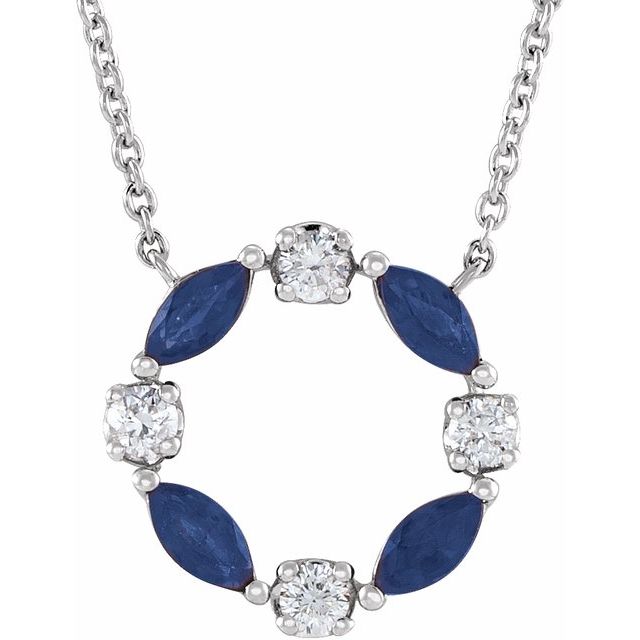14K White Natural Blue Sapphire & 1/10 CTW Natural Diamond Circle 18