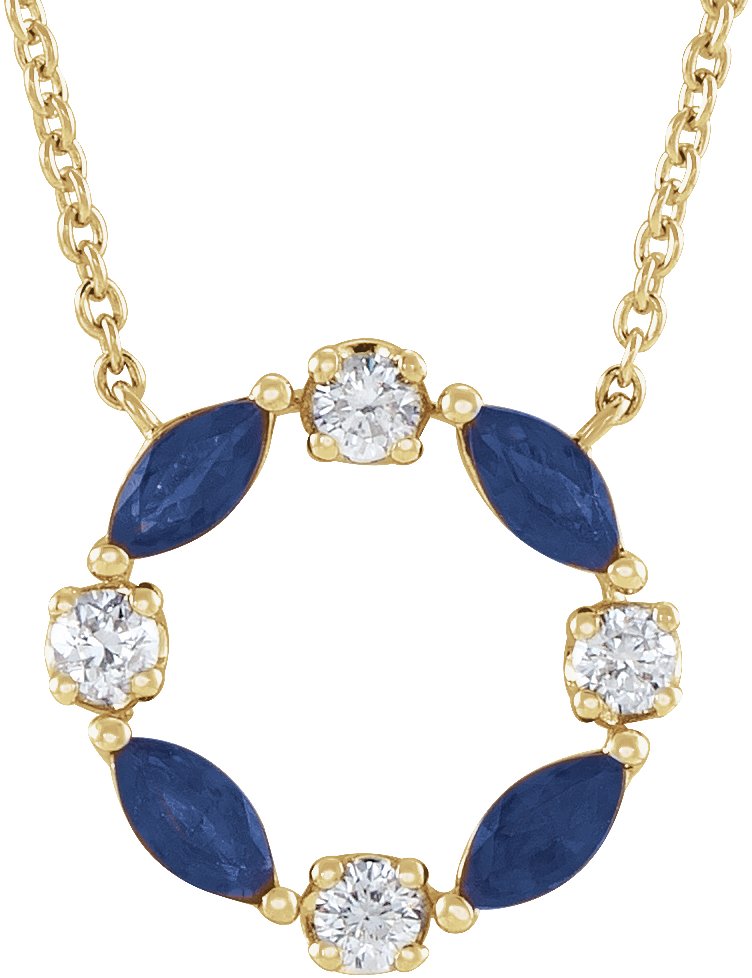 14K Yellow Natural Blue Sapphire & 1/10 CTW Natural Diamond Circle 18" Necklace
