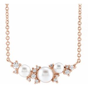 14K Rose Cultured White Akoya Pearl & .08 CTW Natural Diamond 16" Necklace