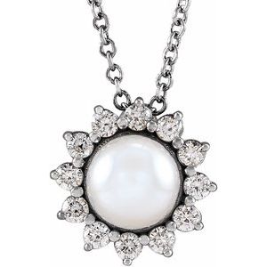 14K White  Cultured White Akoya Pearl & 1/6 CTW Natural Diamond Halo-Style 16-18" Necklace