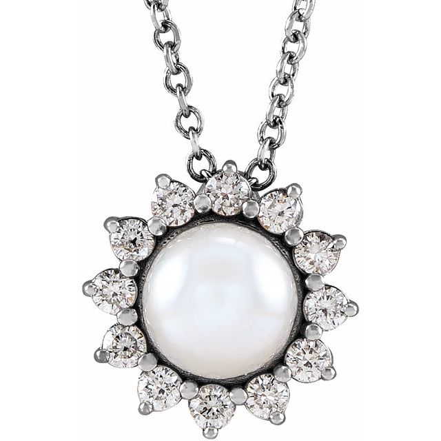 14K White  Cultured White Akoya Pearl & 1/6 CTW Natural Diamond Halo-Style 16-18 Necklace