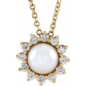 14K Yellow Cultured White Akoya Pearl & 1/6 CTW Natural Diamond Halo-Style 16-18" Necklace