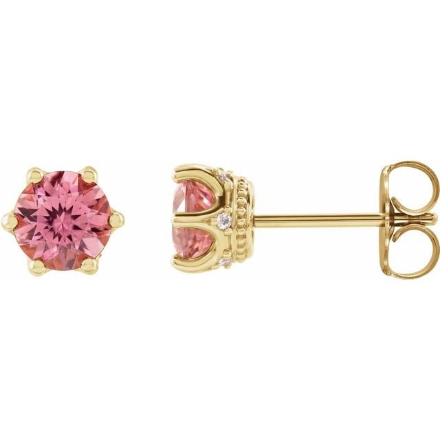 14K Yellow 5 mm Natural Pink Tourmaline & .03 CTW Natural Diamond Crown Earrings