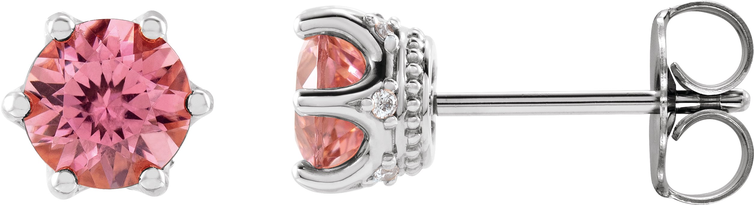 14K White 6 mm Natural Pink Tourmaline & .03 CTW Natural Diamond Crown Earrings