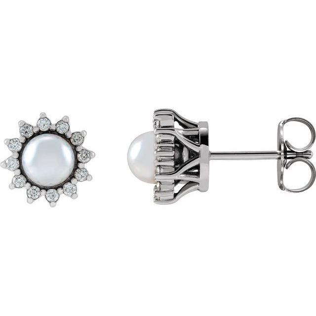Sterling Silver Cultured White Akoya Pearl & 1/6 CTW Natural Diamond Halo-Style Earrings