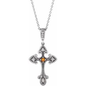 Sterling Silver Natural Citrine & .08 CTW Natural Diamond Cross 16-18" Necklace 