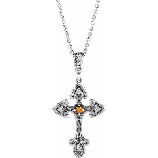 Sterling Silver Natural Citrine & .08 CTW Natural Diamond Cross 16-18 Necklace 