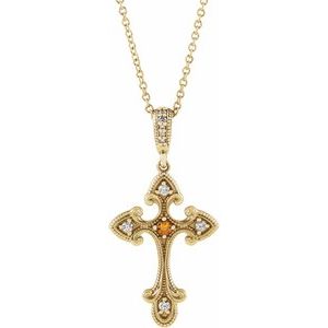 14K Yellow Natural Citrine & .08 CTW Natural Diamond Cross 16-18" Necklace 
