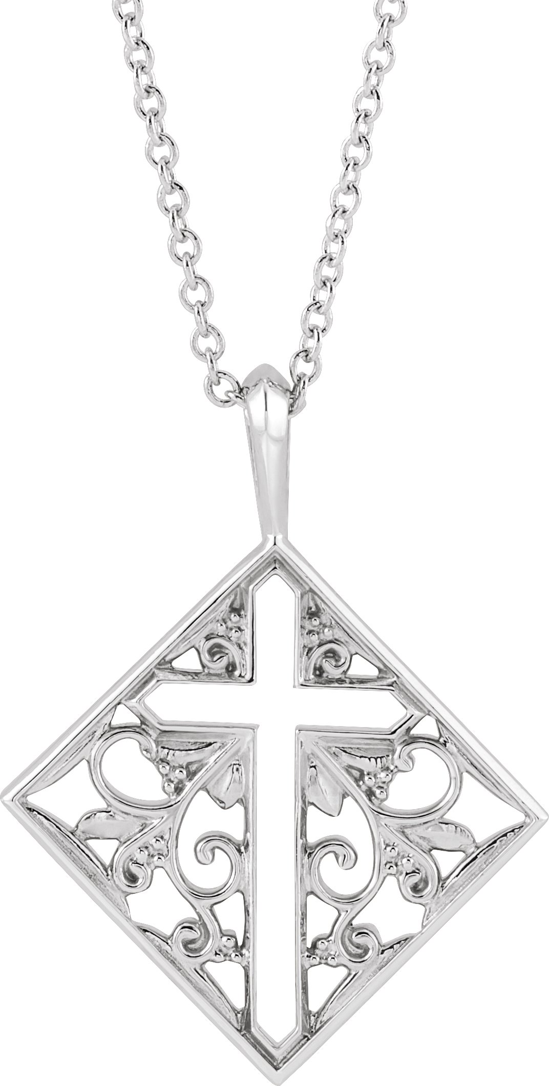 14K White Ornate Pierced Cross 16-18" Necklace