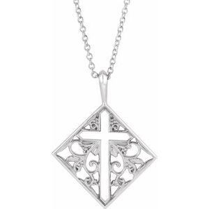 14K White Ornate Pierced Cross 16-18" Necklace