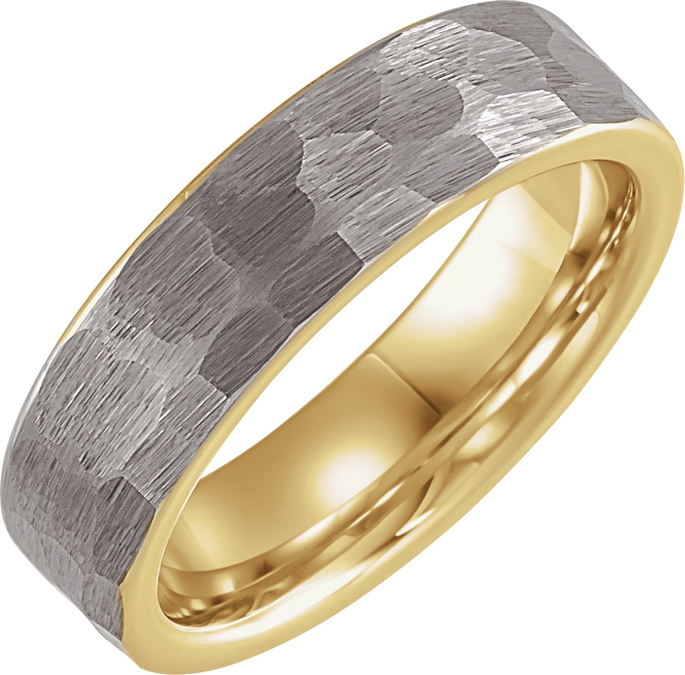 18K Yellow Gold PVD Tungsten 6 mm Flat Hammered Band Size 6.5