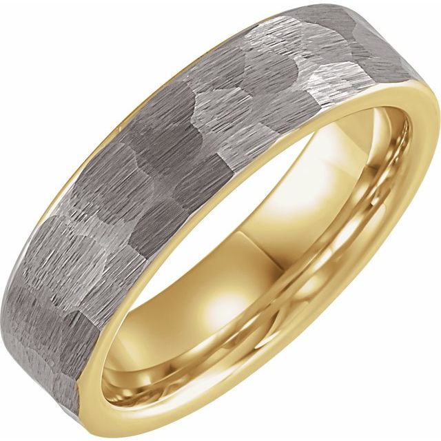 18K Yellow Gold PVD Tungsten 6 mm Flat Hammered Band Size 12.5