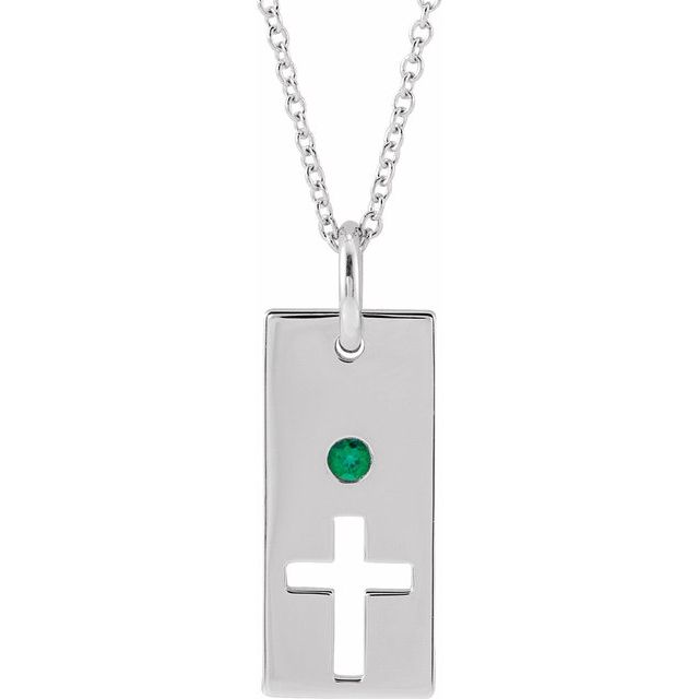 14K White Natural Emerald Cross Bar 16-18