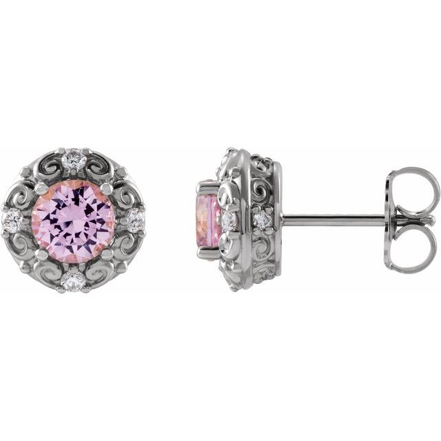 Sterling Silver 5 mm Natural Pink Tourmaline & 1/6 CTW Natural Diamond Halo-Style Earrings