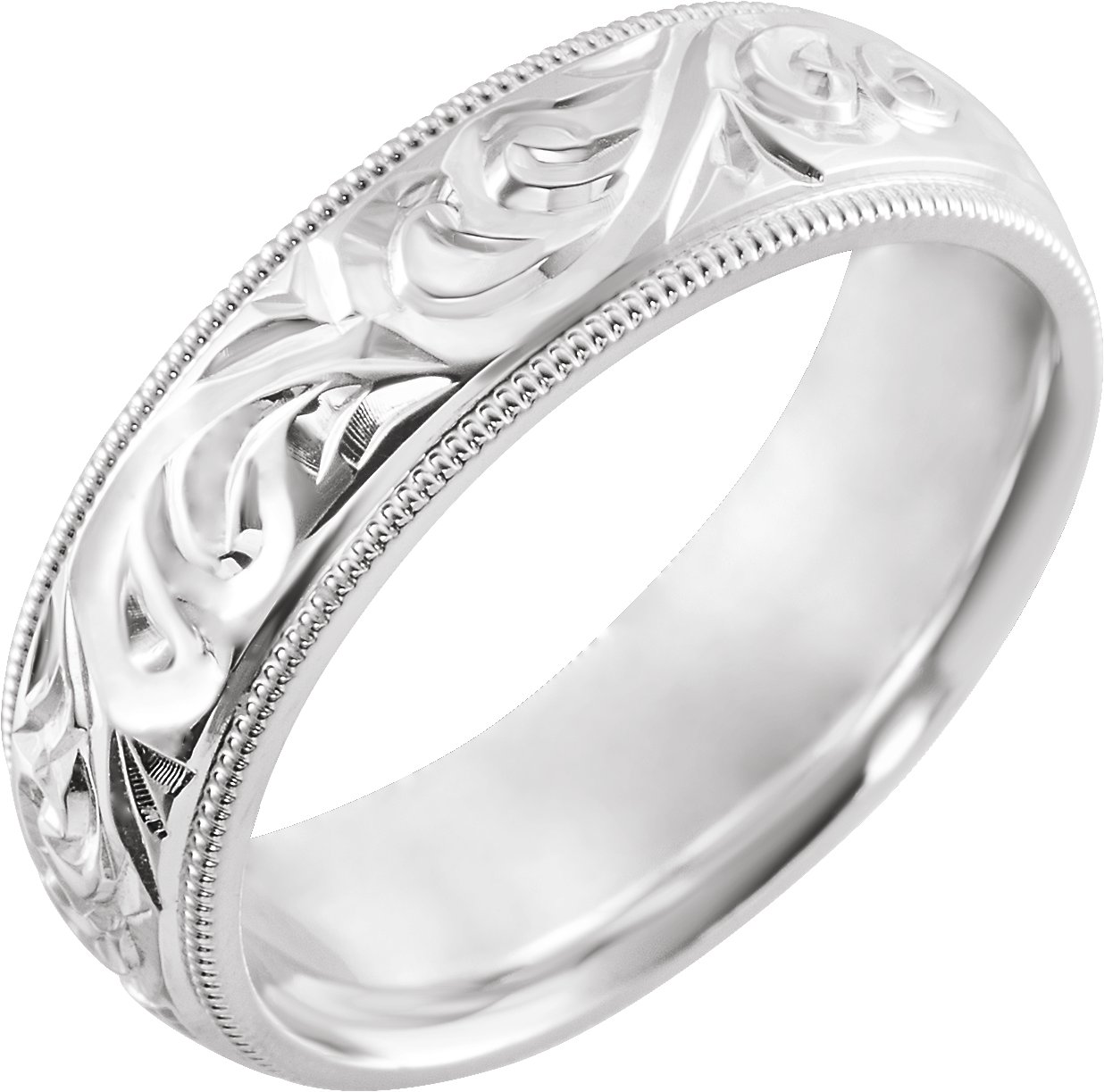 14K White 6 mm Design-Engraved Milgrain Band Size 10