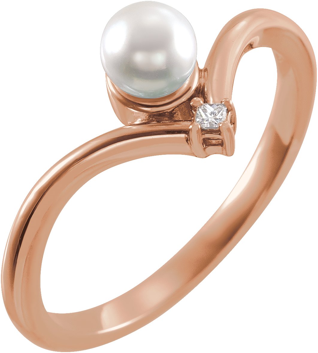 14K Rose Cultured White Akoya Pearl & .025 CTW Natural Diamond Ring