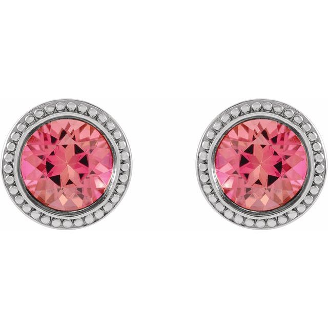 14K White 4 mm Natural Pink Tourmaline Beaded Bezel-Set Earrings