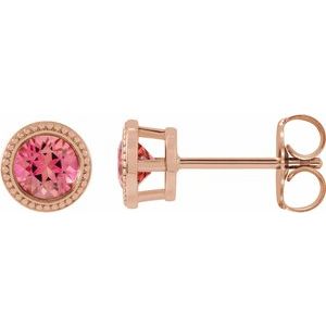 14K Rose 6 mm Natural Pink Tourmaline Beaded Bezel-Set Earrings