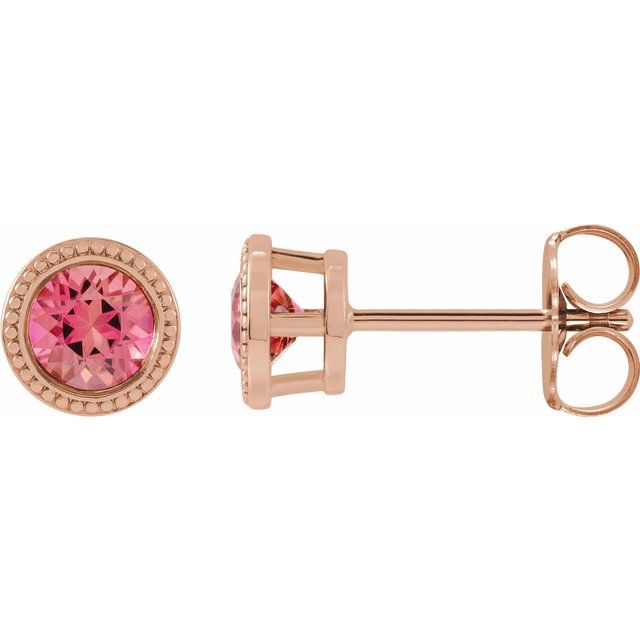 14K Rose 3 mm Natural Pink Tourmaline Beaded Bezel-Set Earrings