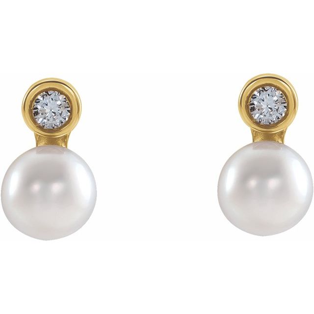 14K Yellow Cultured White Akoya Pearl & .03 CTW Natural Diamond Earrings