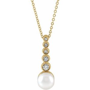 14K Yellow Cultured White Akoya Pearl & 1/8 CTW Natural Diamond Bar 16-18" Necklace