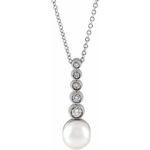 14K White Cultured White Akoya Pearl & 1/8 CTW Natural Diamond Bar 16-18" Necklace