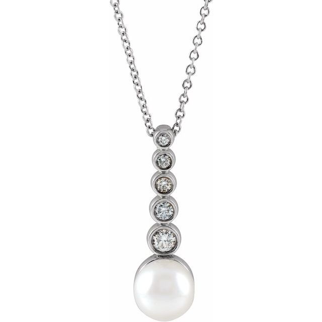 14K White Cultured White Akoya Pearl & 1/8 CTW Natural Diamond Bar 16-18 Necklace