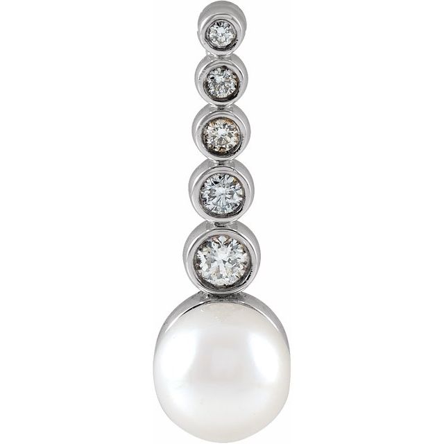 Platinum Cultured White Akoya Pearl & 1/8 CTW Natural Diamond Bar Pendant