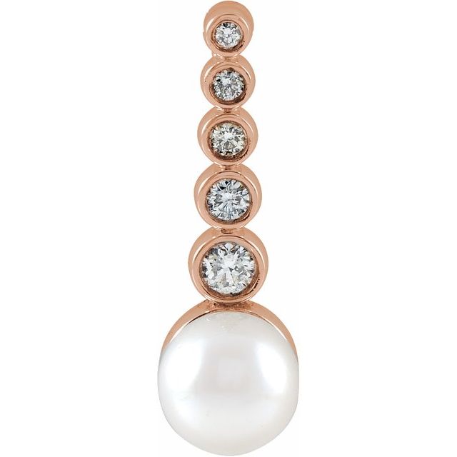 14K Rose Cultured White Akoya Pearl & 1/8 CTW Natural Diamond Bar Pendant