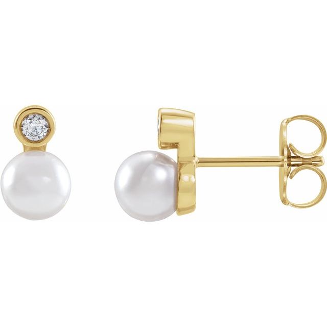 14K Yellow Cultured White Akoya Pearl & 1/8 CTW Natural Diamond Earrings