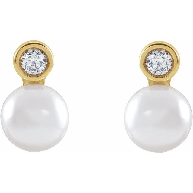 14K Yellow Cultured White Akoya Pearl & .06 CTW Natural Diamond Earrings