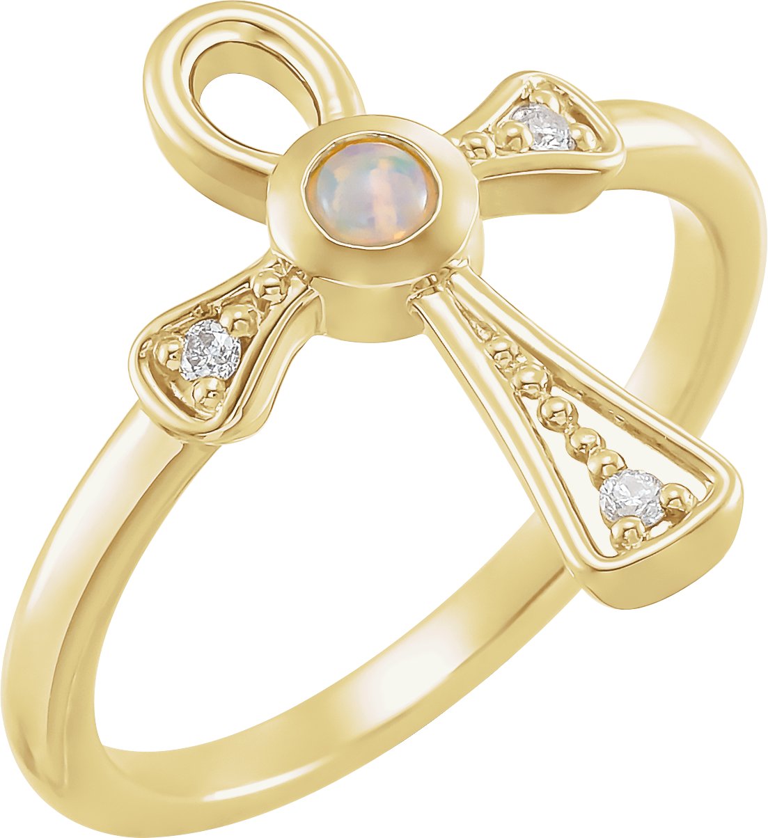 14K Yellow Natural White Ethiopian Opal & .05 CTW Natural Diamond Ankh Cross Ring