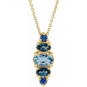 14K Yellow Natural Blue Multi-Gemstone Bar 16-18" Necklace