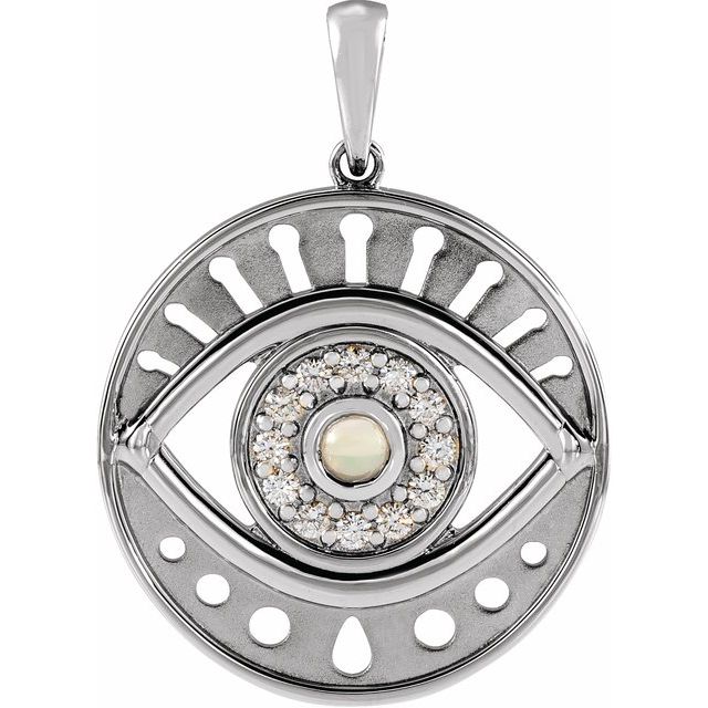 Sterling Silver Natural White Ethiopian Opal & 1/6 CTW Natural Diamond Evil Eye Pendant