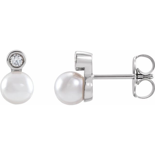14K White Cultured White Akoya Pearl & 1/8 CTW Natural Diamond Earrings