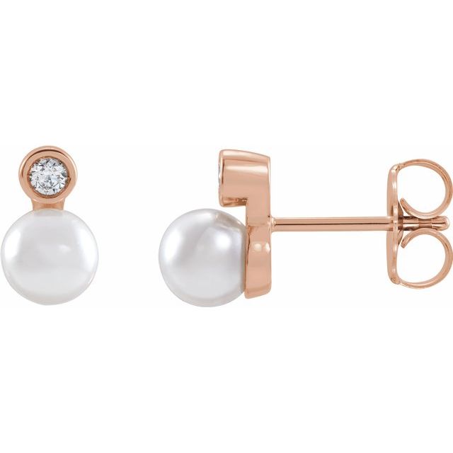 14K Rose Cultured White Akoya Pearl & 1/8 CTW Natural Diamond Earrings